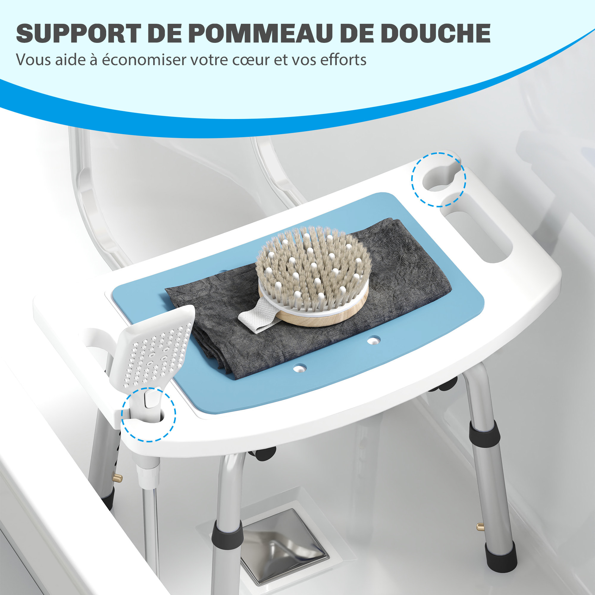 Chaise de douche siège de douche ergonomique hauteur réglable pieds antidérapants charge max. 136 Kg alu HDPE bleu