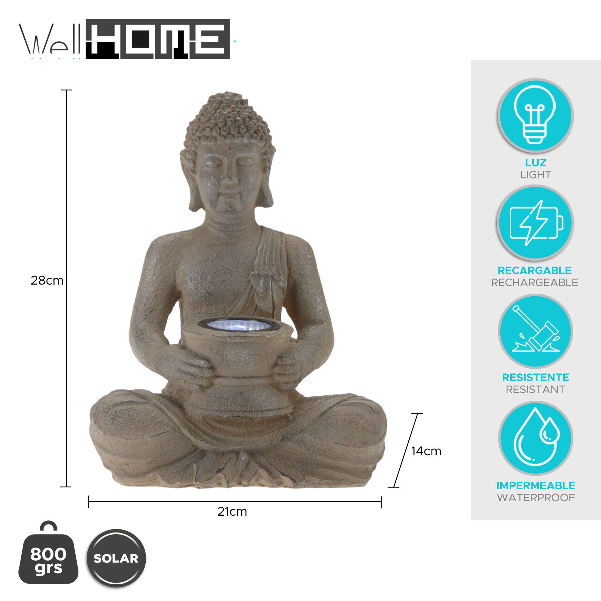 Well home - luz solar de buda en polystone acabado en plata oxidada 21x14x28cm