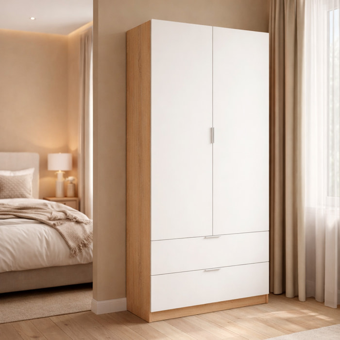 Armadio Guardaroba Con 2 Ante Battenti Asta Appendiabiti E 2 Cassetti Design Moderno Stile Nordico 80 x 52 x 180 Cm Bianco e Rovere