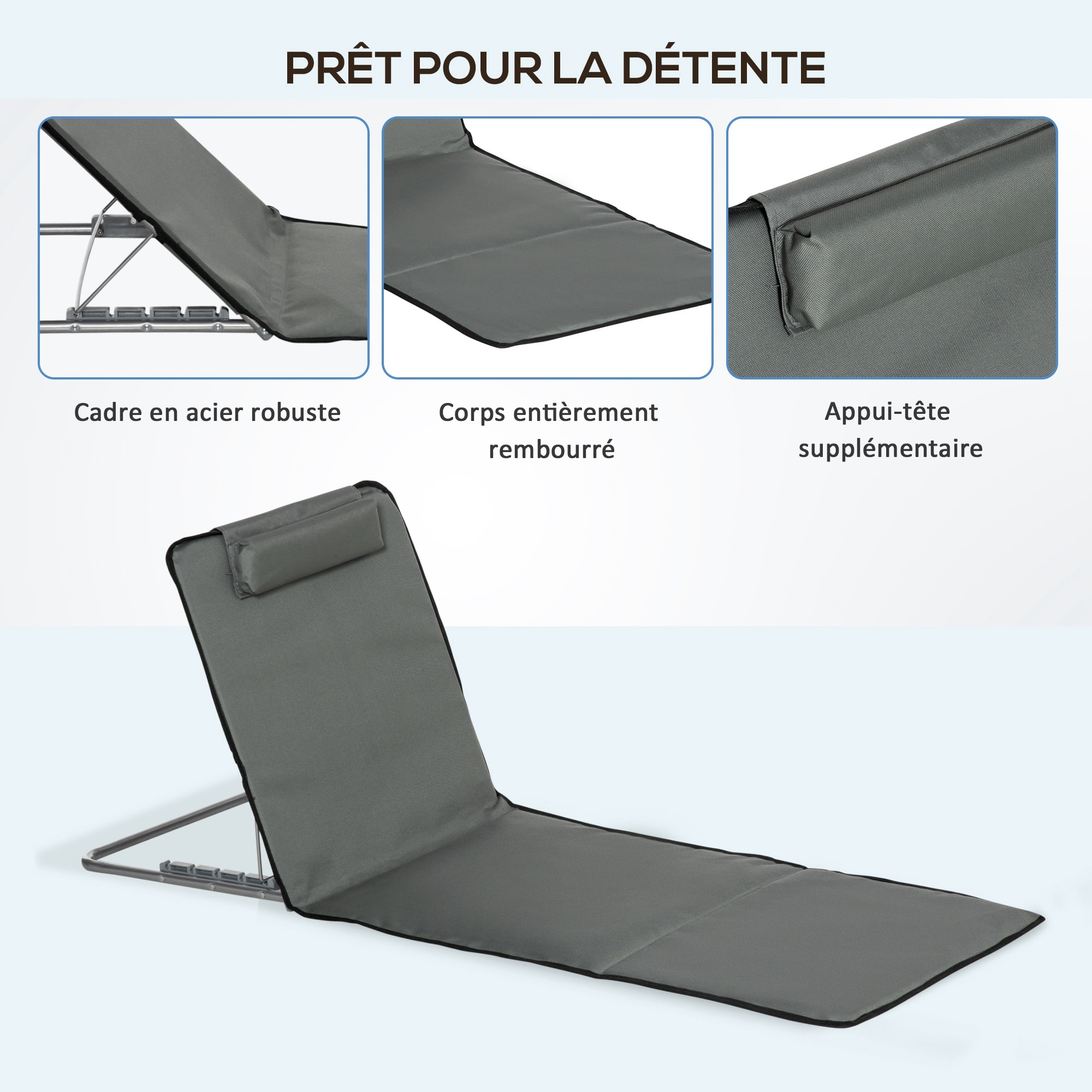 Lot de 2 tapis de plage rembourrés - dossier inclinable 5 positions - sac transport inclus - acier polyester gris