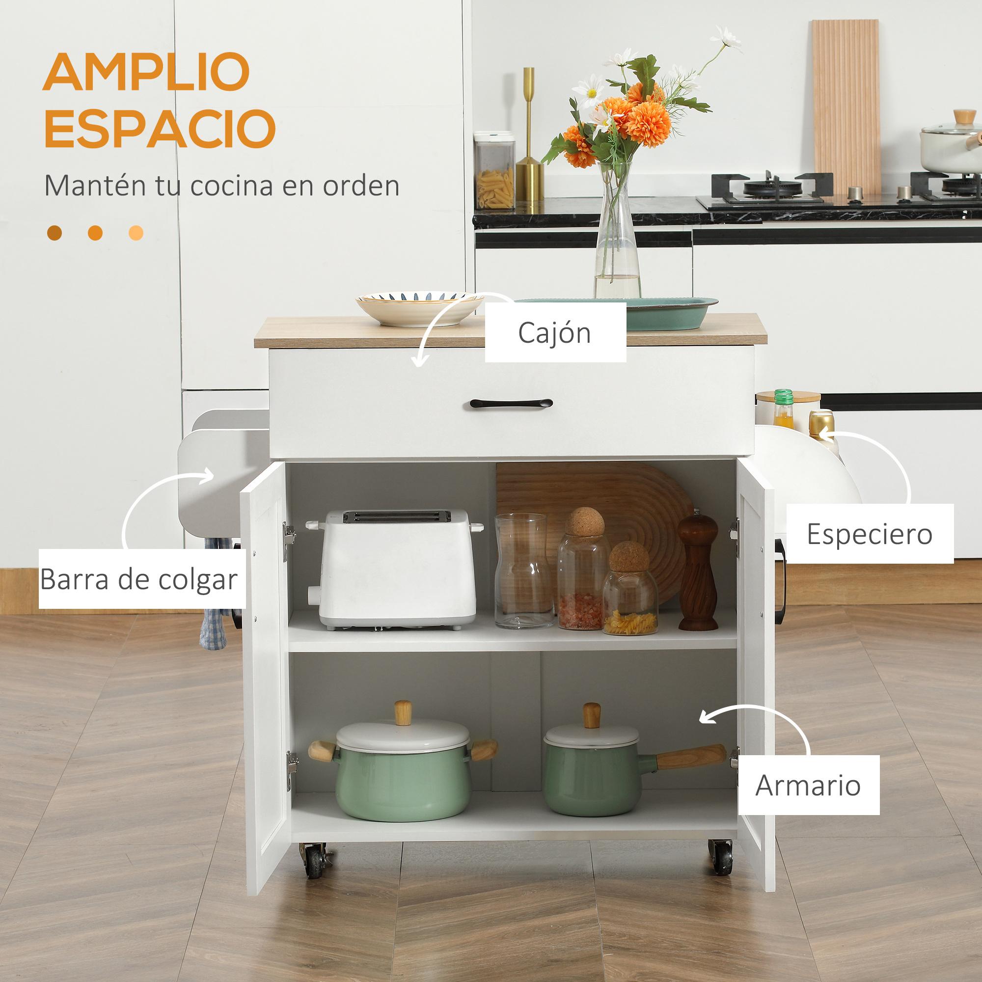 HOMCOM Carro de Cocina con 1 Cajón 2 Puertas Toallero y Especiero Carrito Auxiliar con Ruedas para Comedor Salón Bar Carga 80 kg 105x36x85 cm Blanco