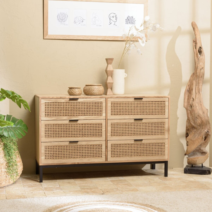 MARCEAU - Commode 6 tiroirs cannage naturel pieds métal noir