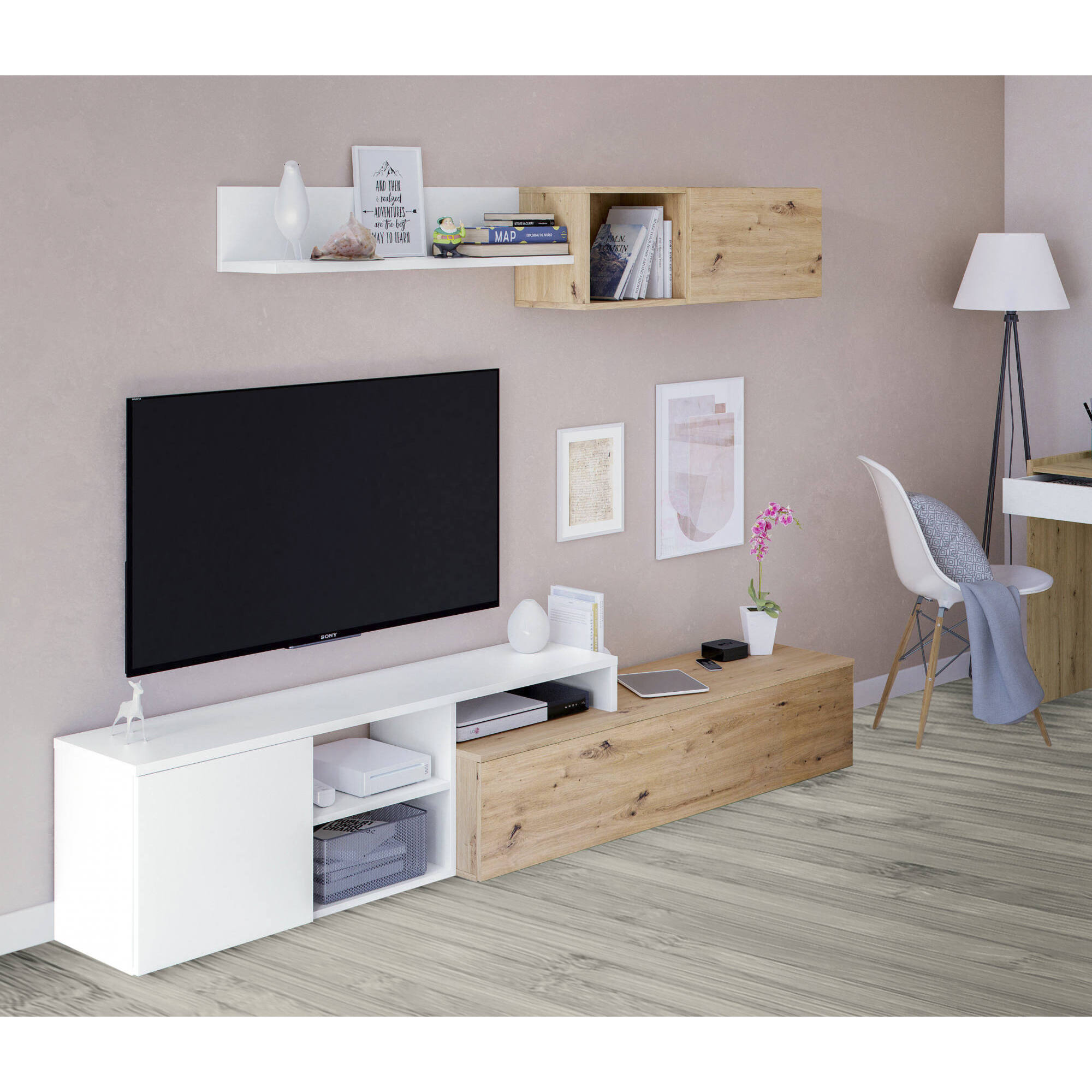 Parete attrezzata Miami, Mobile da soggiorno porta TV reversibile, Composizione per salotto con pensile e mensola, cm 220x40h44, Rovere effetto nodi e Bianco