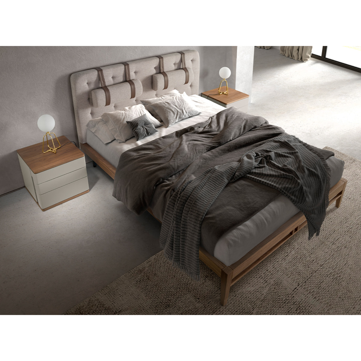 Mesita de noche con estructura de madera de MDF en gris y una base de madera chapada en nogal 46x46x45cm