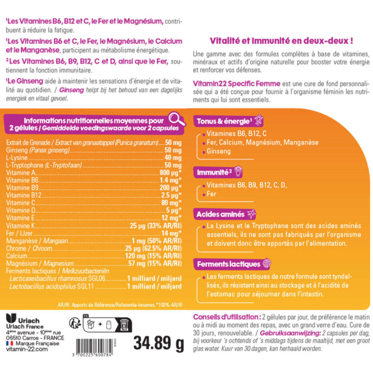 VITAMIN'22 - Specific Femme - A base de 14 vitamines et minéraux - Action fortifiante et anti-fatigue - Fabriqué en France - Cure de 60 jours - Lot de 2