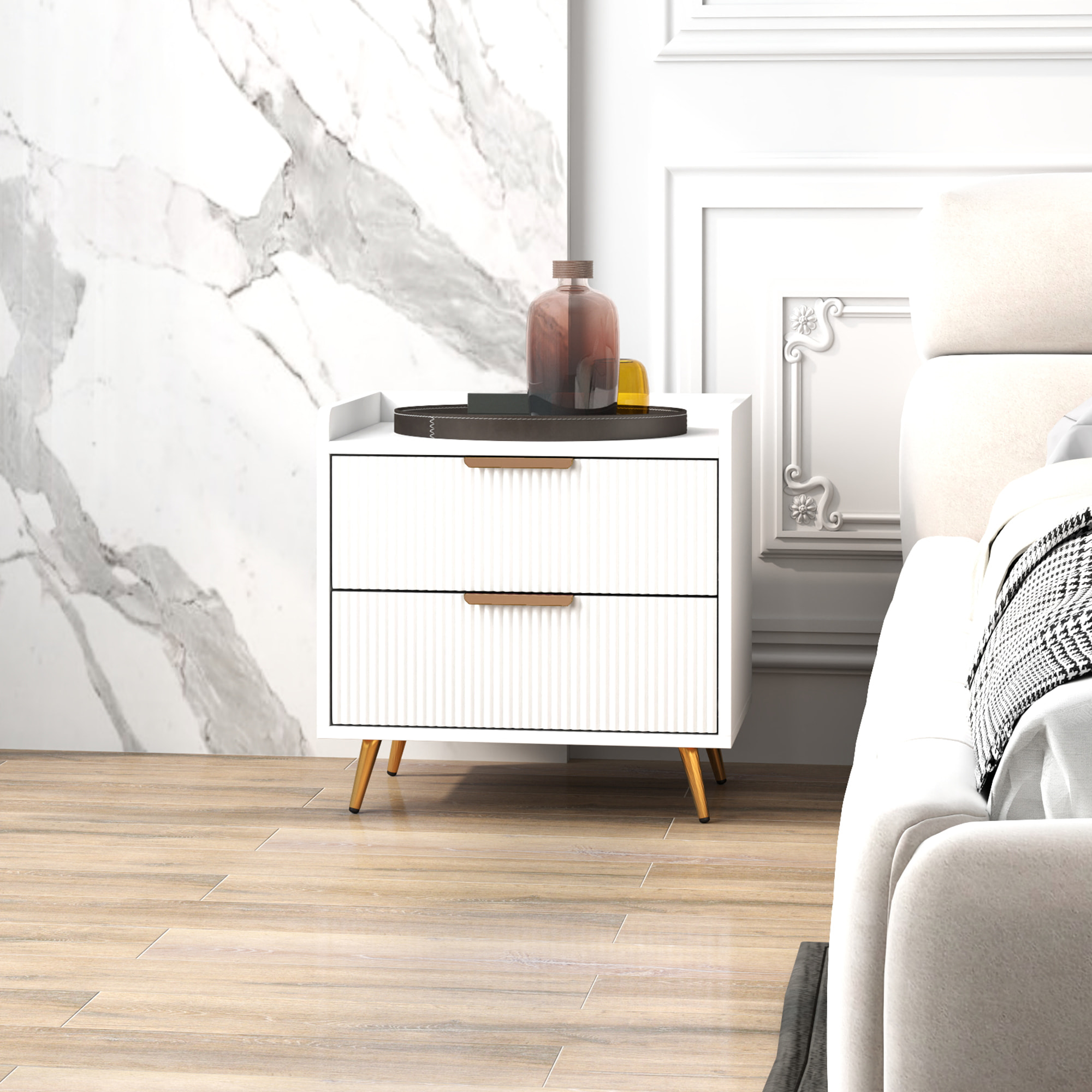 Chevet table de nuit design cannelé doré 2 tiroirs plateau rebord blanc