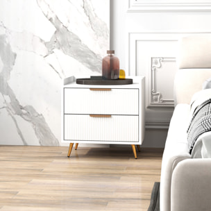 Chevet table de nuit design cannelé doré 2 tiroirs plateau rebord blanc