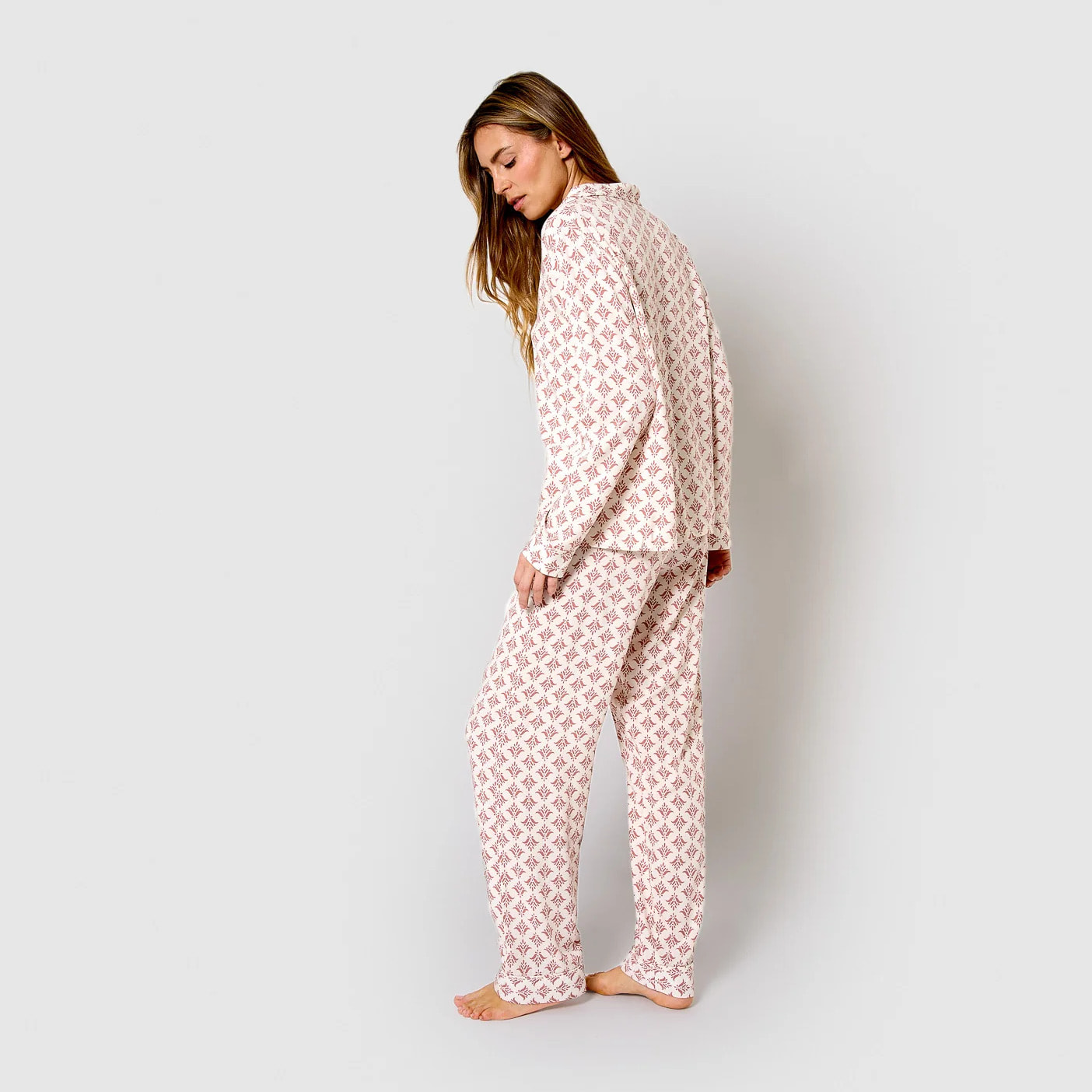 Pigiama lungo in viscosa rosa morocco, stile camicia