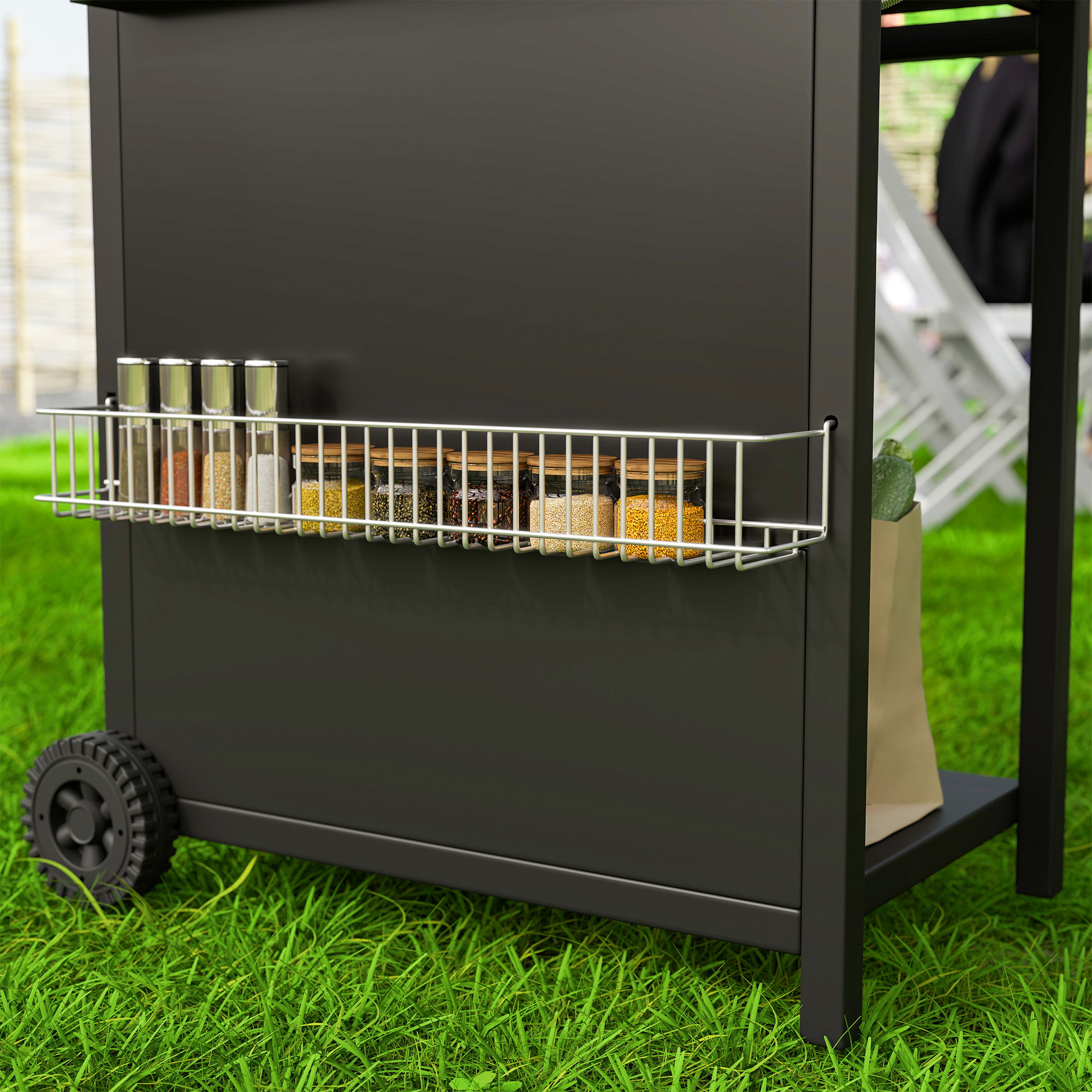 Barbecue gaz 3+1 brûleurs avec couvercle 2 roues - 9,5 kW - 2 grilles chromées, étagères latérales, thermomètre - noir