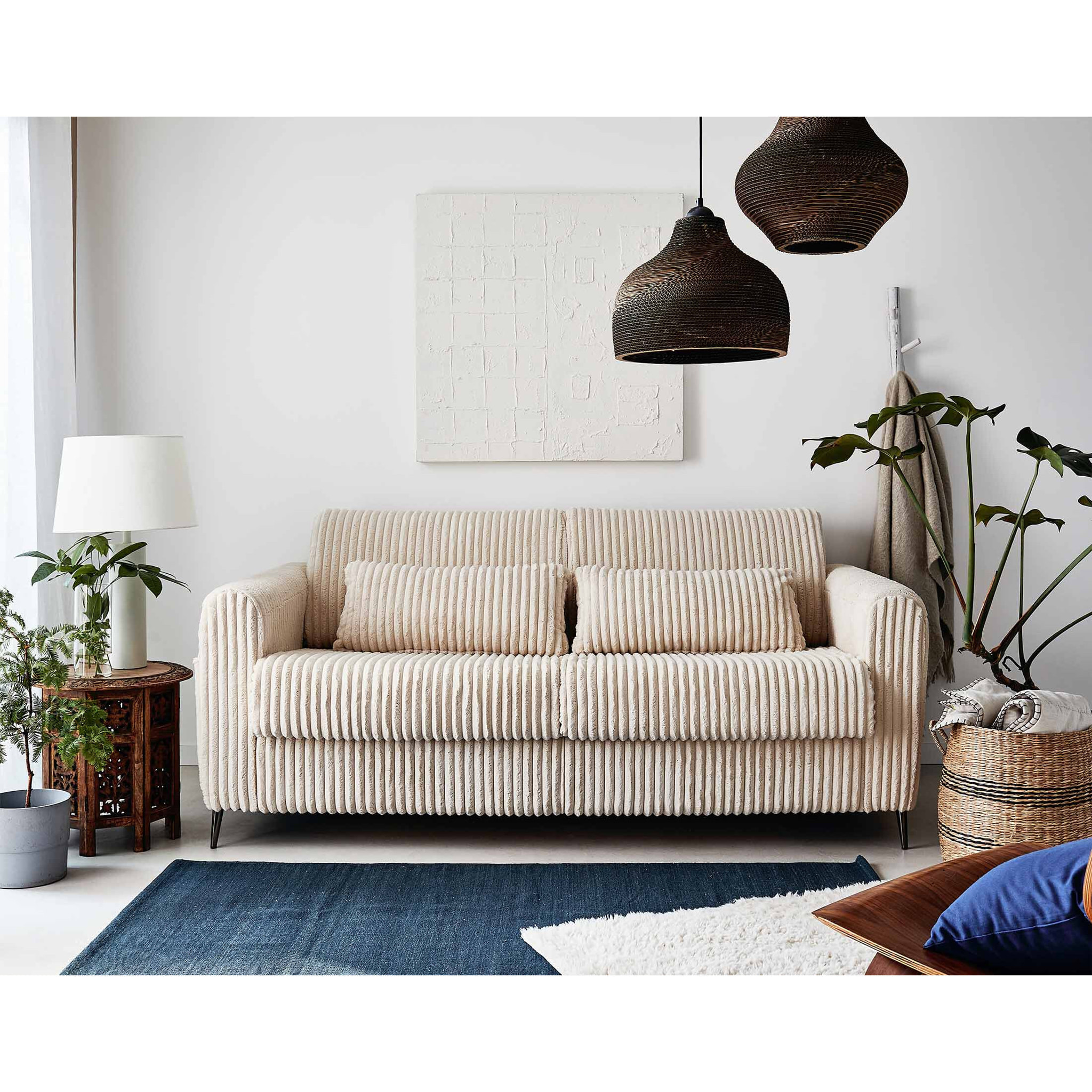 Owen - canapé lit 3 places convertible express couchage quotidien 140 cm matelas 12 cm en velours côtelé grosses côtes - Beige