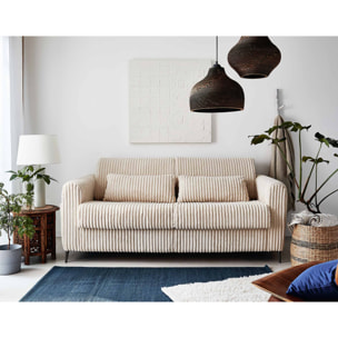 Owen - canapé lit 3 places convertible express couchage quotidien 140 cm matelas 12 cm en velours côtelé grosses côtes - Beige