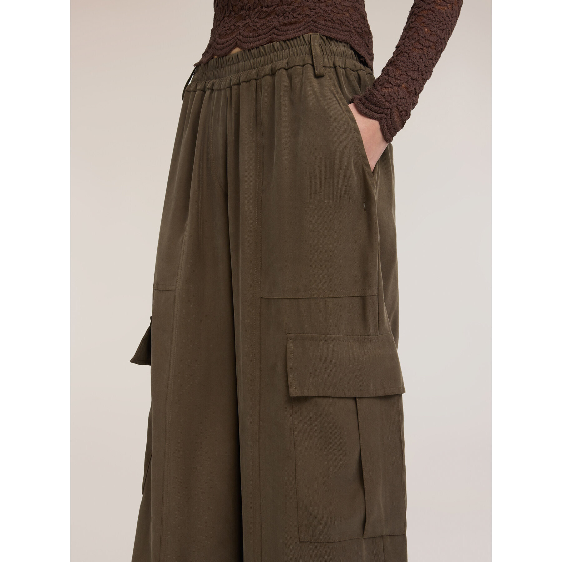 Motivi - Pantaloni cargo palazzo misto viscosa - Verde militare