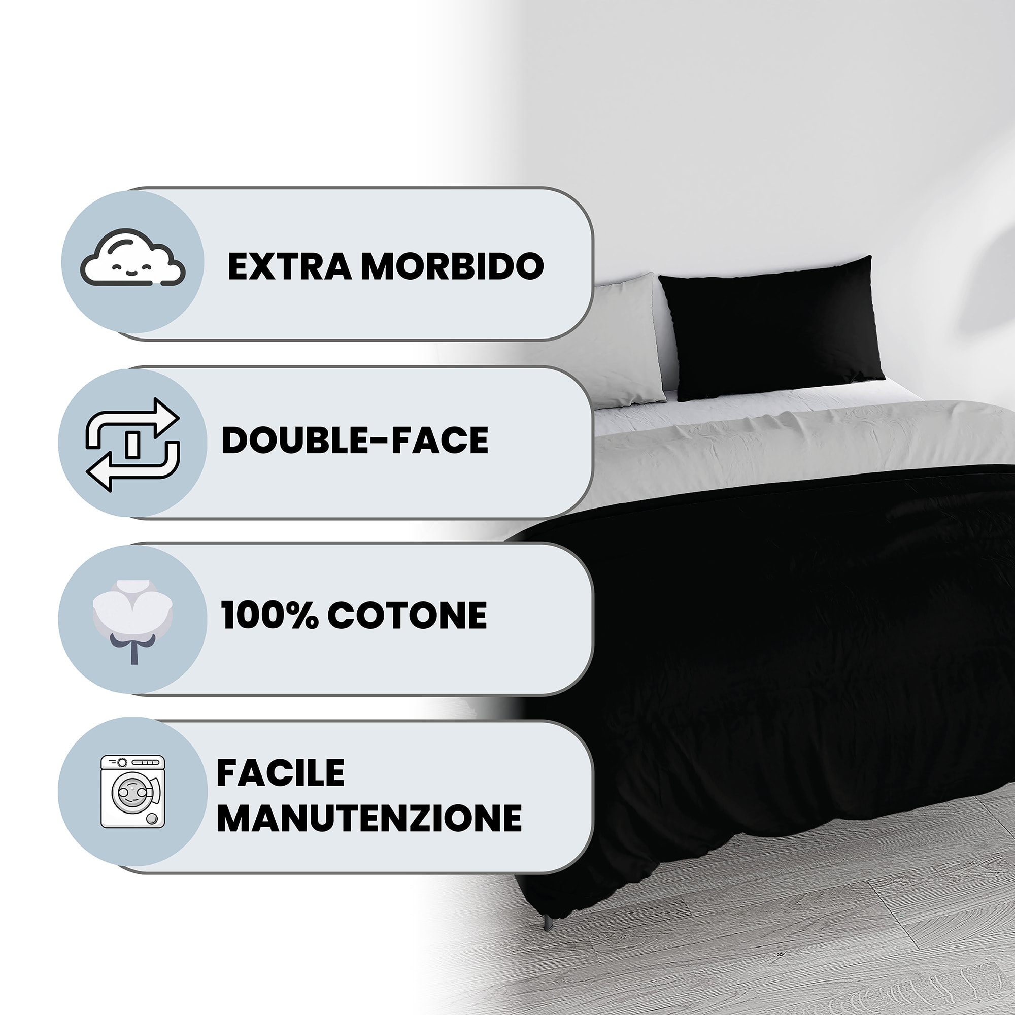 PARURE COPRIPIUMINO NATURAL COLOR, 100% Cotone, Made in Italy - NERO/GRIGIO CHIARO