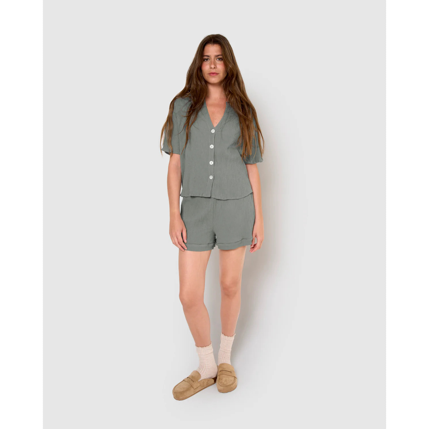 Set de camisa y short de algodón lino verde azulado