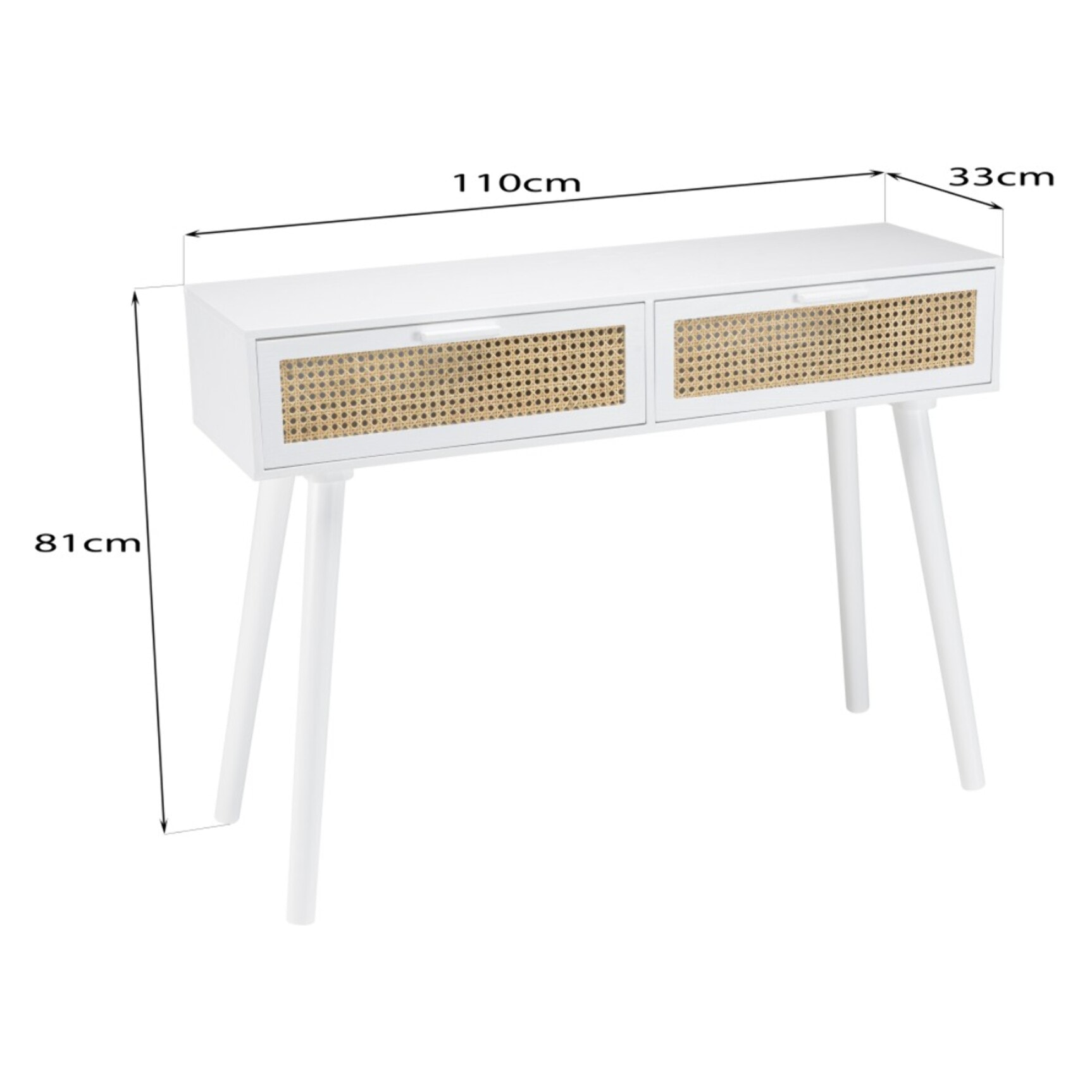 SANDRO - Console blanche 2 tiroirs cannage naturel