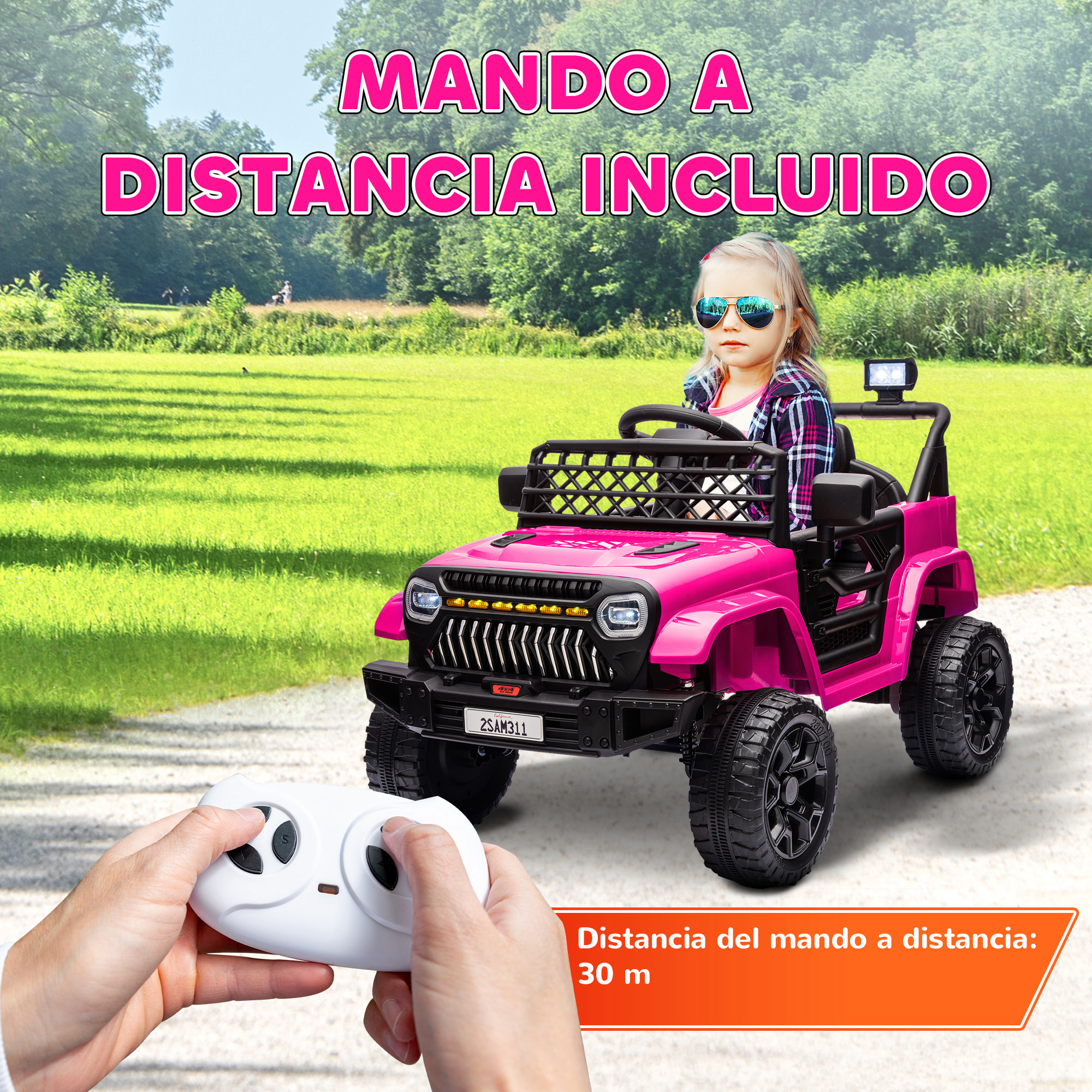 Coche Eléctrico para Niños de +3 Años Coche Eléctrico Infantil de Batería 12V con Mando a Distancia Velocidad Ajustable USB Faros Bocina Rosa Fucsia