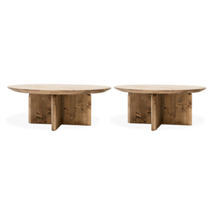 Pack de 2 tables basses rondes en bois massif ton chêne foncé 80cm Hauteur: 30.2 Longueur: 80 Largeur: 80