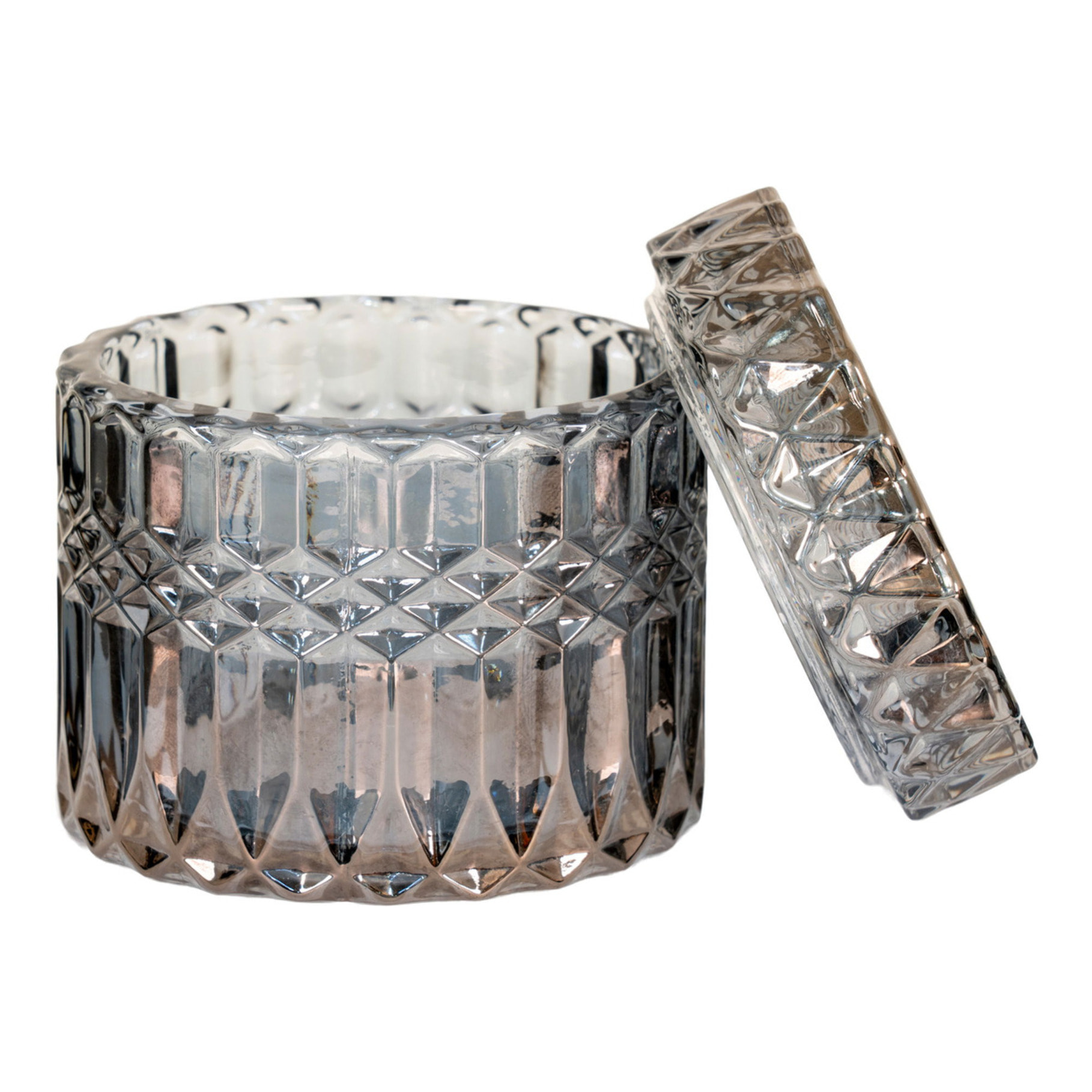 Set di 2 vasetti decorativi in vetro fumé con coperchio e motivi in rilievo ø9x8,5 cm