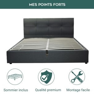 Lit coffre Macao avec tête de lit | Espace de Stockage jusqu'à 900 L | Robuste et Large Angle d’Ouverture | Tissu | Gris foncé