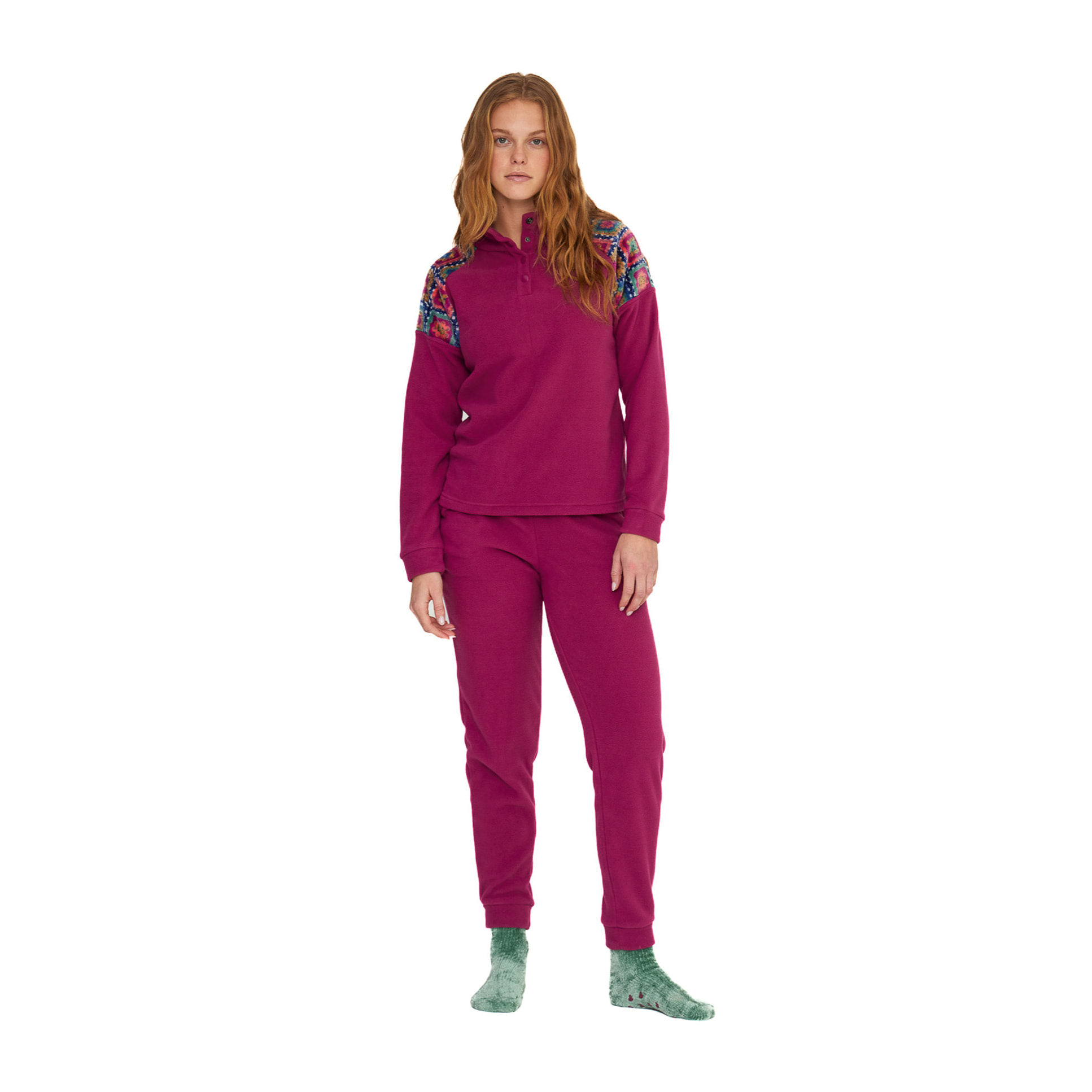 Pigiama donna folk in pile con collo a quattro bottoni Noidinotte