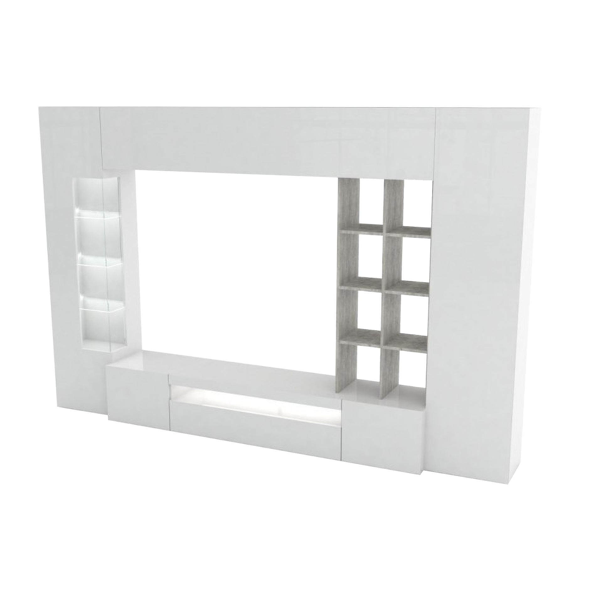 Parete attrezzata da soggiorno, Made in Italy, Base porta TV e pensili e scaffali, Set salotto moderno, cm 290x40h192, colore Bianco lucido e Cemento