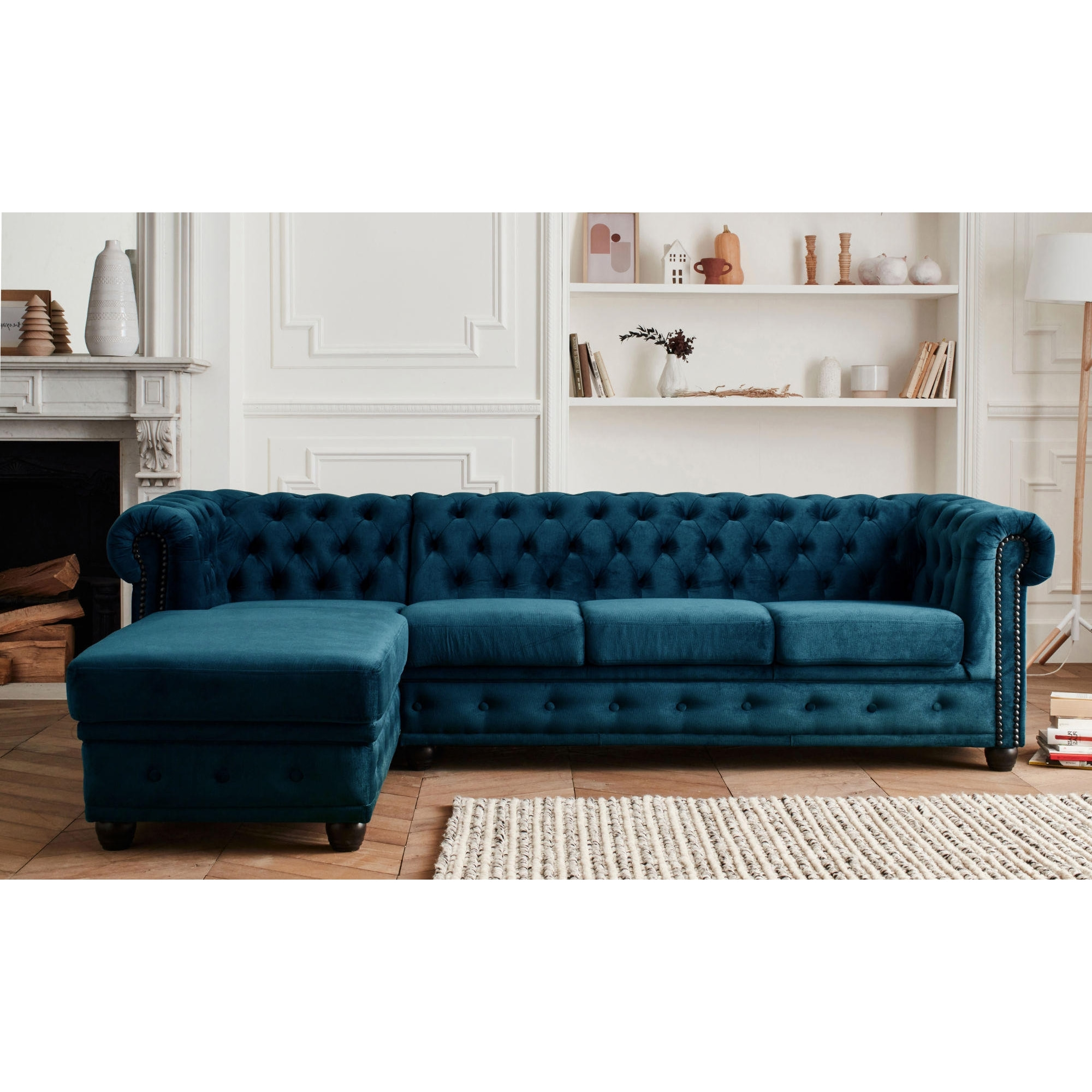 William - canapé Chesterfield d'angle gauche - 4 places - en velours - Bleu canard