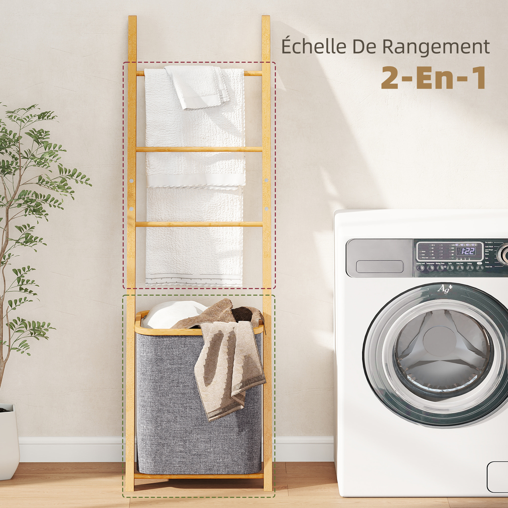 Porte-serviettes bambou avec panier à linge, échelle porte-serviettes avec 1 panier à linge, pour salon, chambre à coucher, buanderie, 43 x 35 x 133 cm, gris