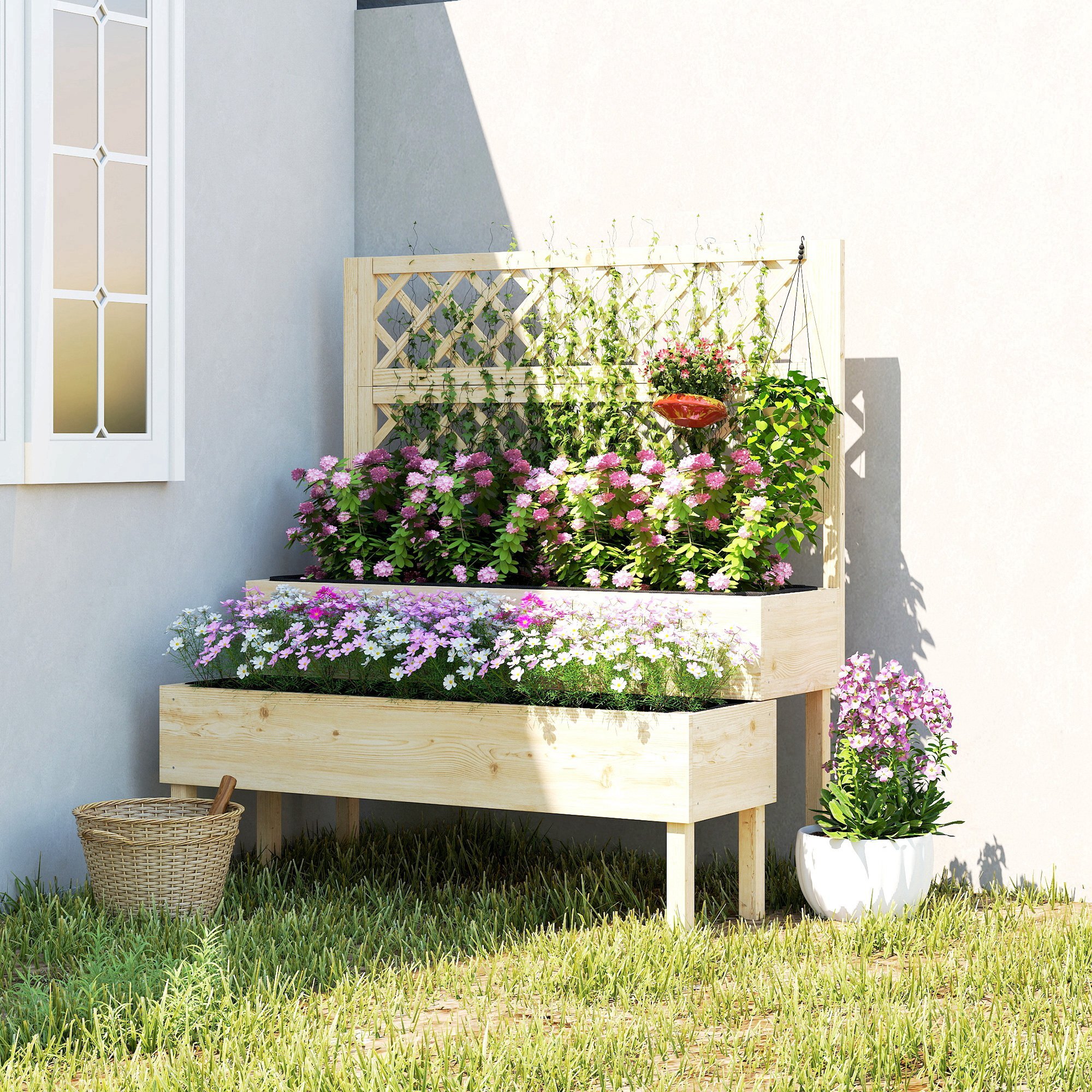 Jardinière sur pieds 2 niveaux en escalier avec treillis - 108 x 62 x 120 cm - bois pré-huilé