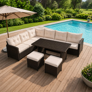 Salon de jardin 9 places avec table en résine tressée marron et beige UMA