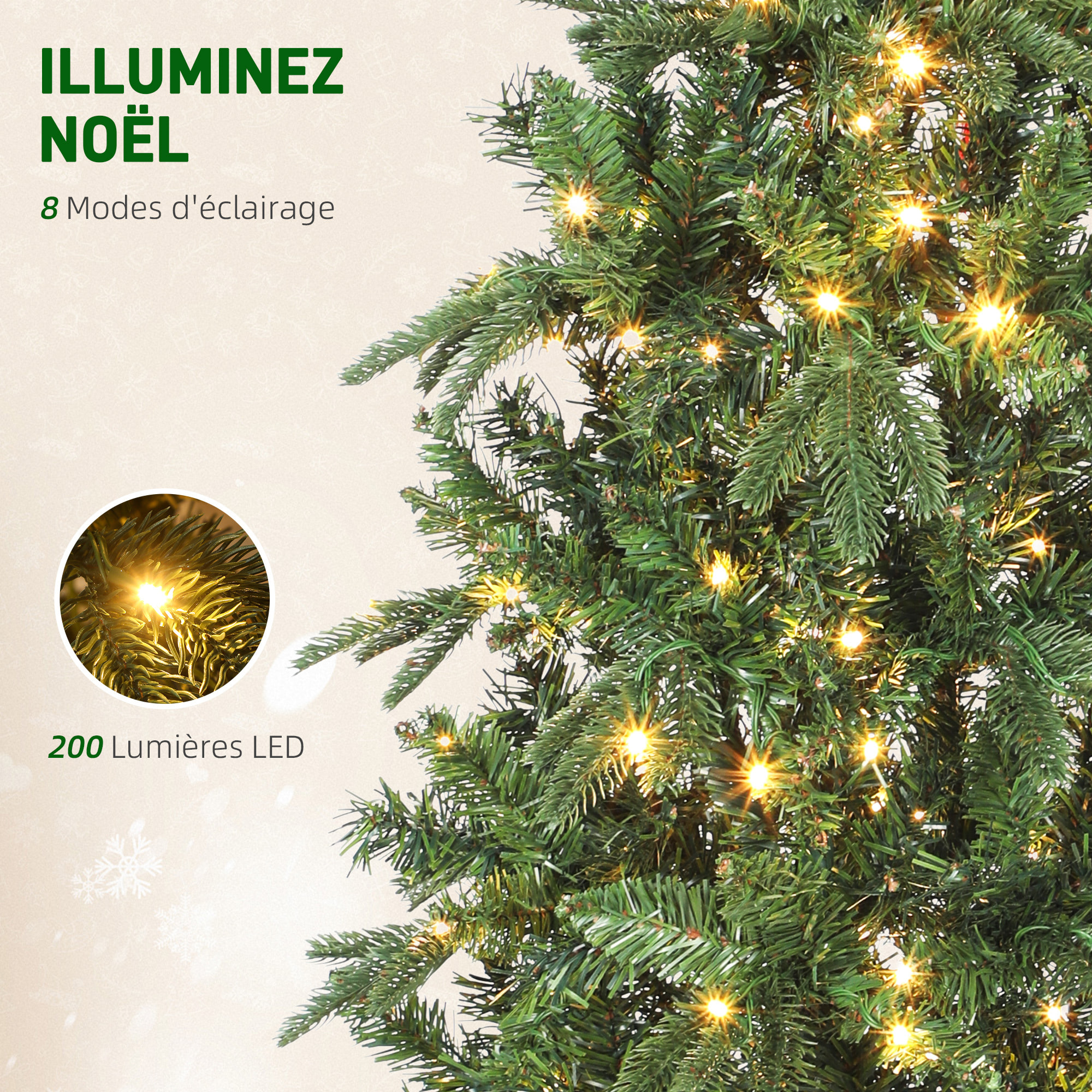 Sapin de Noël artificiel LED x 200 blanc chaud 8 modes H.180 cm 605 branches support vert