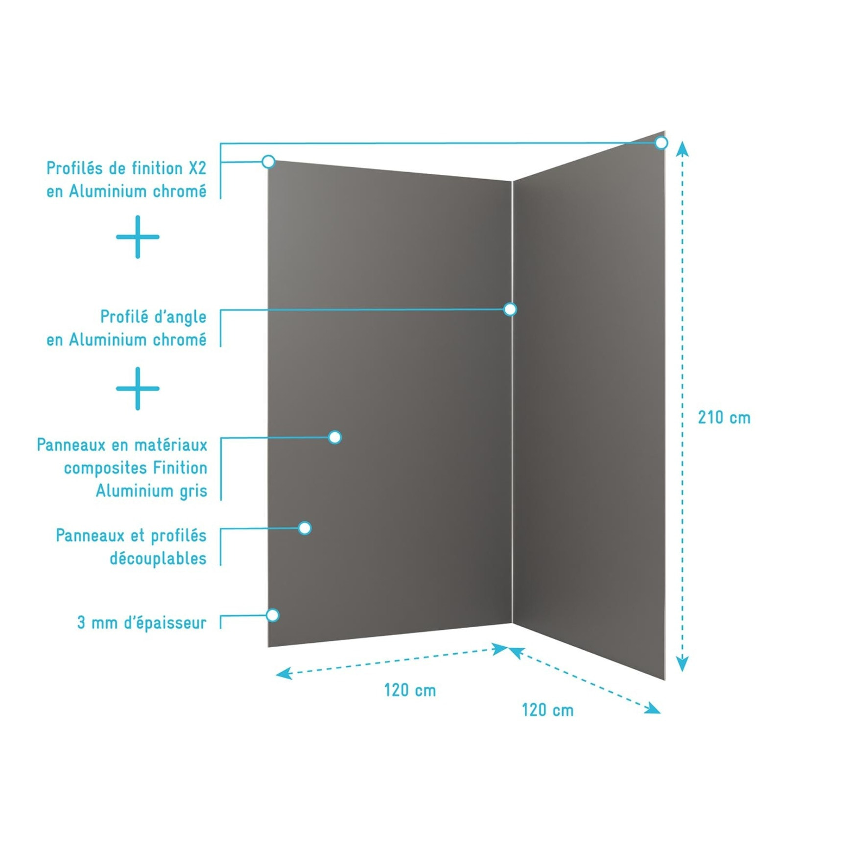 Pack 2 Panneaux Muraux en Aluminium Gris 120x210 cm + Profilés Chrome