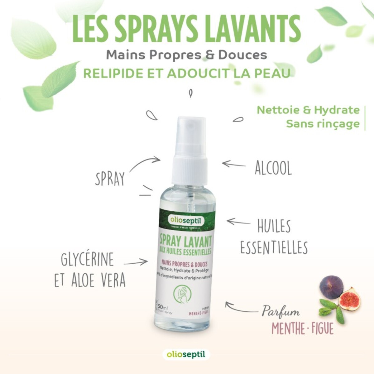 OLIOSEPTIL - Spray Lavant aux Huiles Essentielles - Mains propres et douces - 98% d'ingrédients d'origine naturelle - Nettoie, hydrate & protège - Sans rinçage - Parfum Menthe-Figue - Spray 50ml