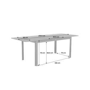 Table de jardin beige SEATTLE extensible aluminium. 6 places. 155 / 218.5 x 89 x 75 cm