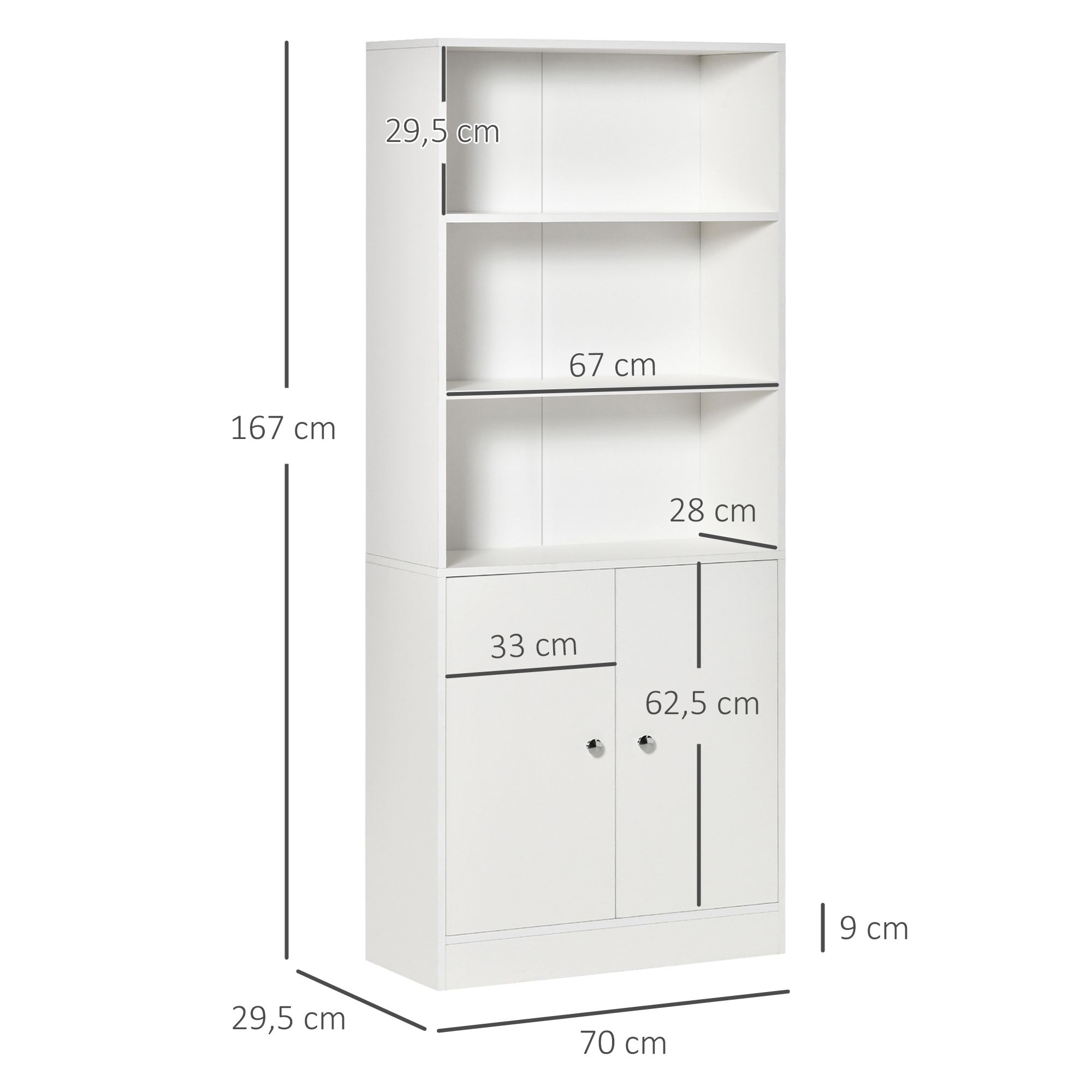 Estantería Librería con 3 Compartimentos Abiertos y 1 Armario con Estante Ajustable Almacenaje para Salón Estudio 70x29,5x167 cm Blanco