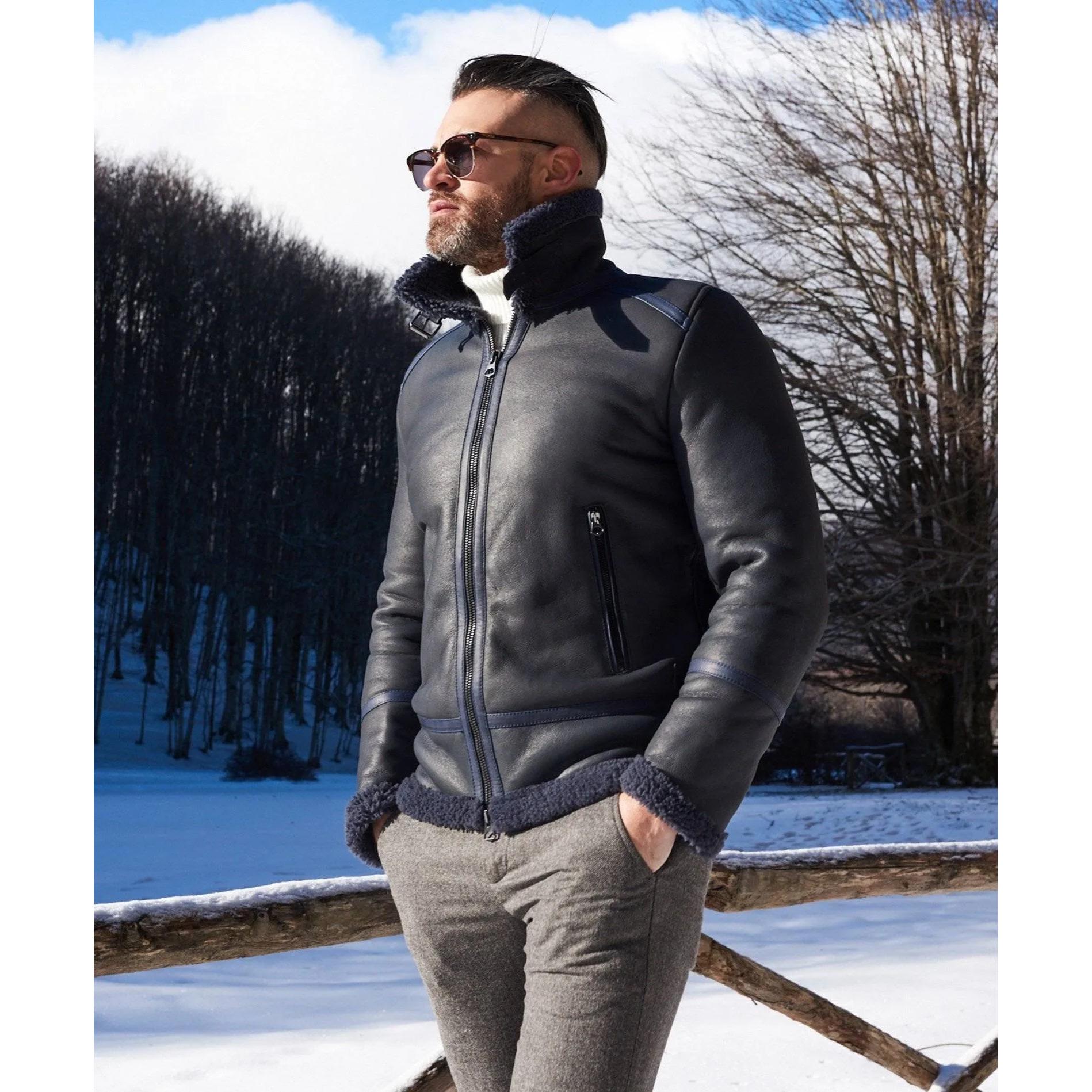 Montone blu Shearling biker uomo collo camicia con fibbia