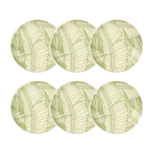 Lot de 6 assiettes creuses 20,5cm en grès à motif vert LEAVES