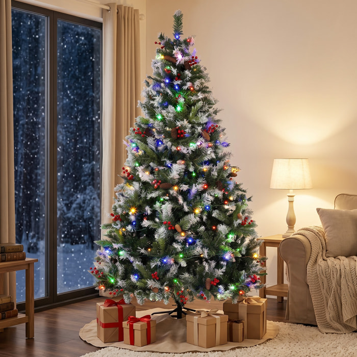 HOMCOM Árbol de Navidad con 250 LED Blanco Cálido y Multicolor, 180 cm, Árbol de Navidad Nevado, 840 Ramas, 11 Modos, 34 Piñas y 34 Racimos de Bayas, Mando a Distancia, Base de Acero Plegable, Verde