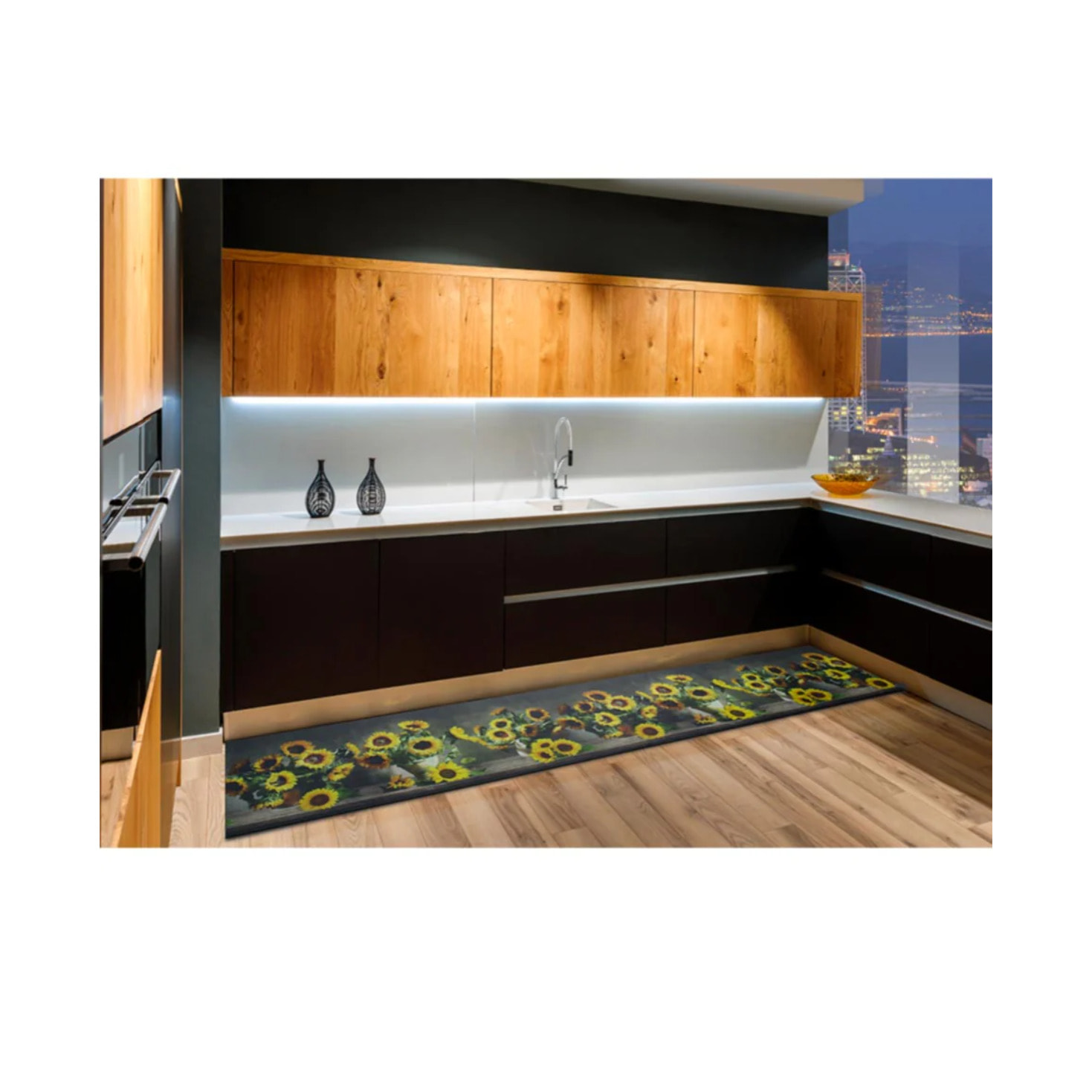 RICCI Alfombra vinílica de cocina diseño con flores en amarillo, varias medidas disponibles.