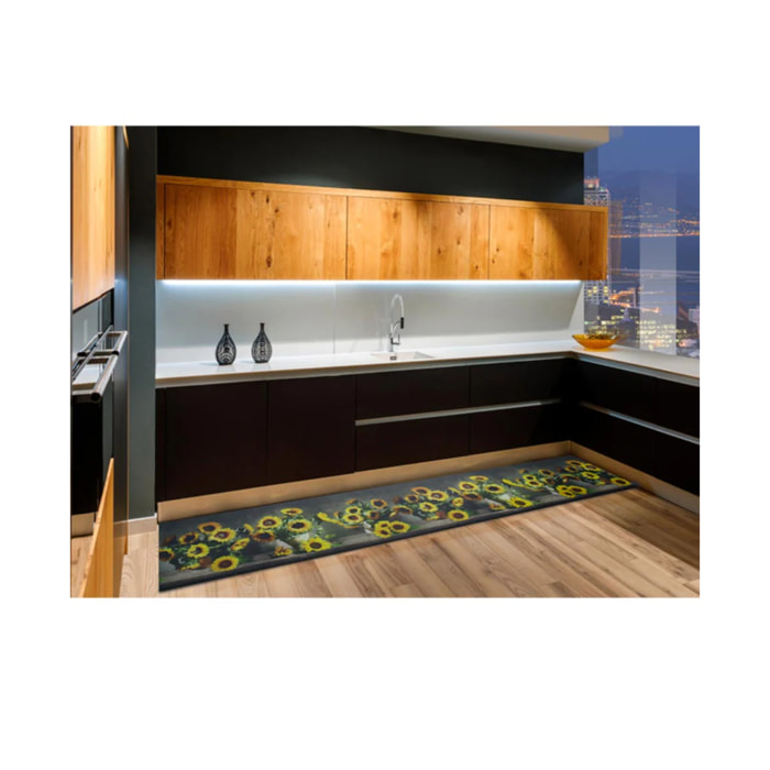 RICCI Alfombra vinílica de cocina diseño con flores en amarillo, varias medidas disponibles.