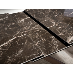 Mesa comedor extensible rectangular con tapa de mármol porcelánico en marrón con vetas crema en brillo 160x90x76cm