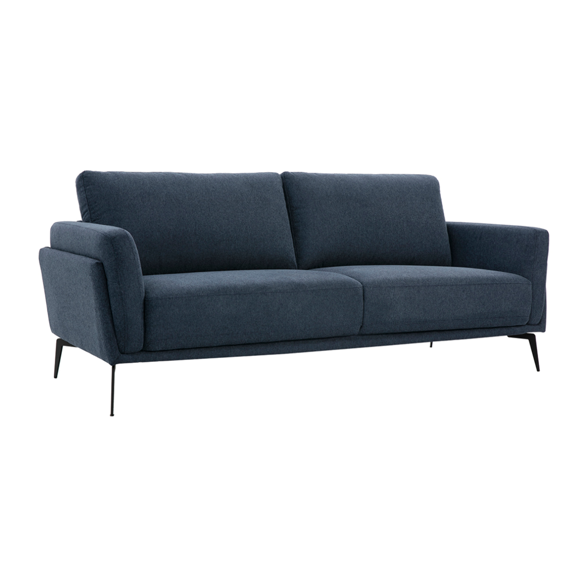 Canapé design 3 places en tissu effet velours texturé bleu foncé et métal noir MOSCO