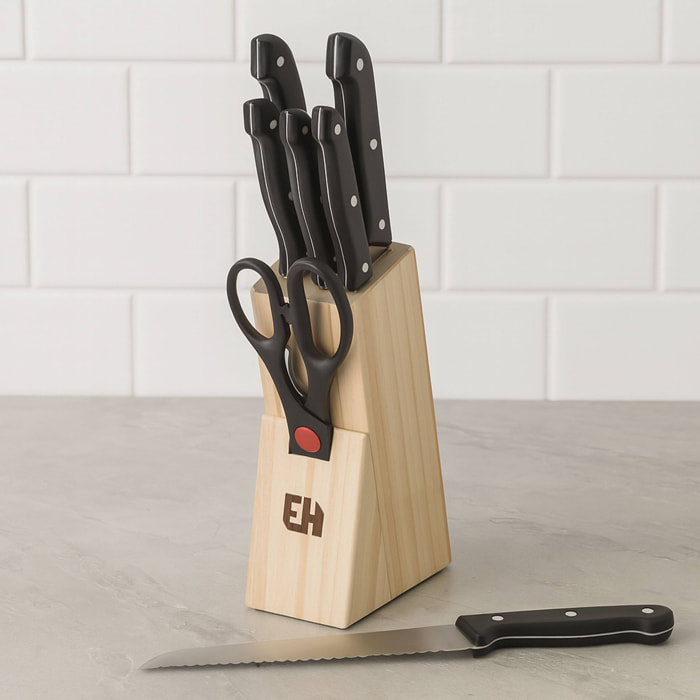 juego de cuchillos 6pcs en acero con tacoma de madera