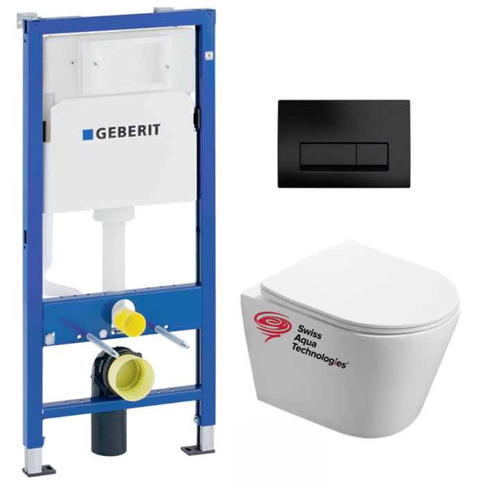 Pack WC sans bride Infinitio, fixations invisibles + Abattant softclose slim + Bâti support Geberit UP100 + Plaque Noir mat