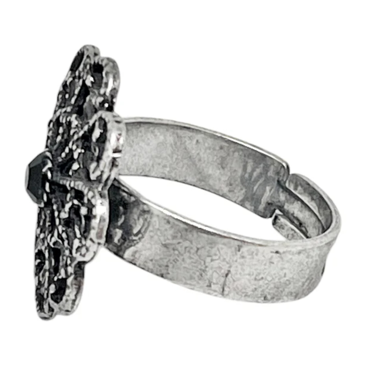 Anillo Vintage redondo y cristal negro plata envejecida