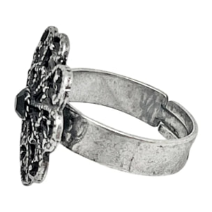 Anillo Vintage redondo y cristal negro plata envejecida