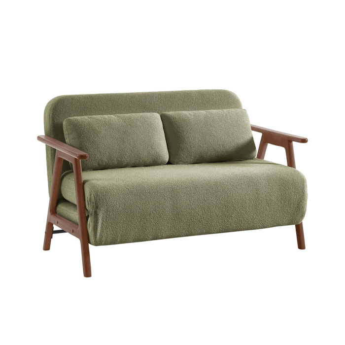 Banquette canapé convertible 2 places bois d'hévéa teinté noyer clair et bouclette texturée kaki L 133 x P 81 x 84cm - Sven