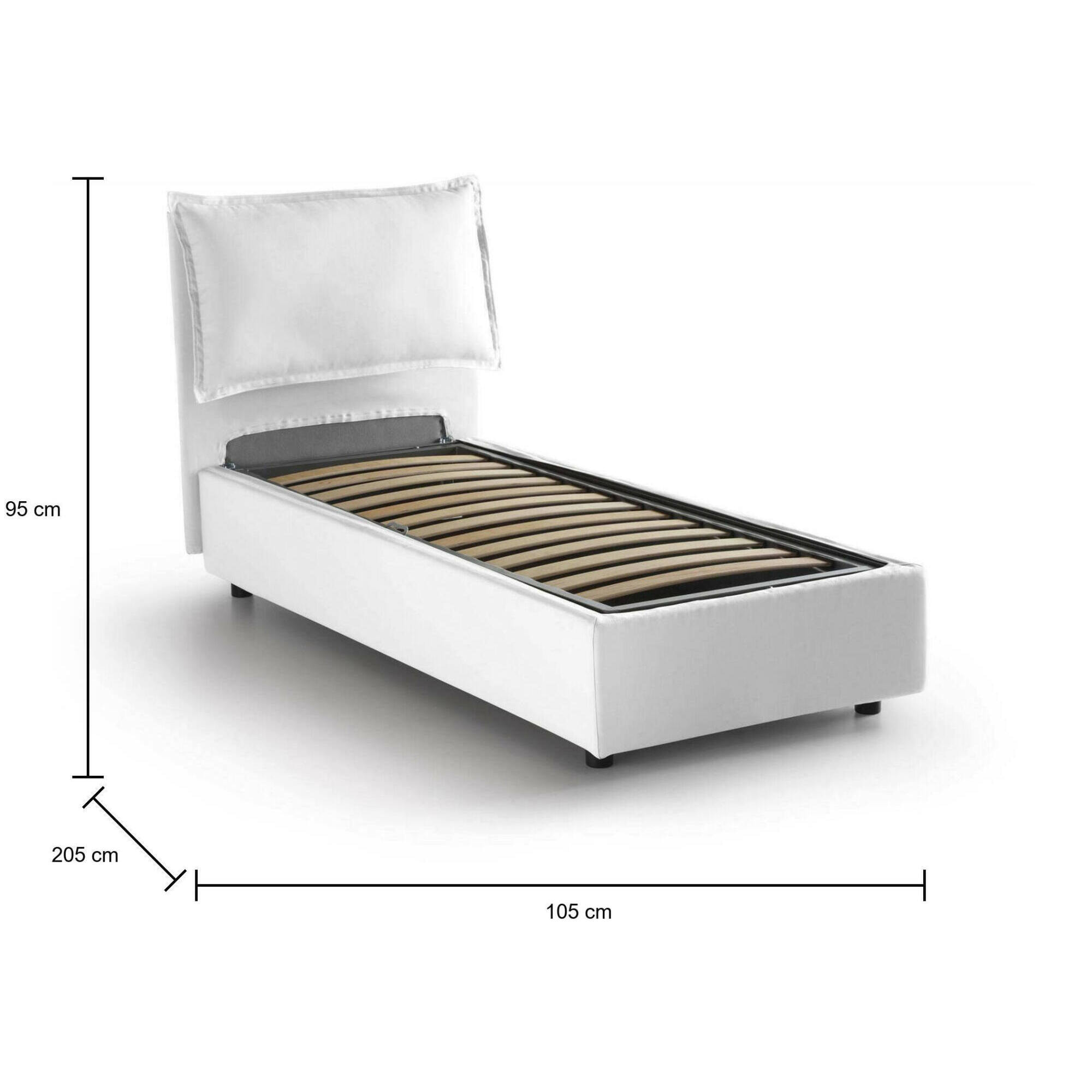 Letto singolo Aigor, Letto contenitore con rivestimento in tessuto, 100% Made in Italy, Apertura frontale, adatto per materasso Cm 90x190, Bianco