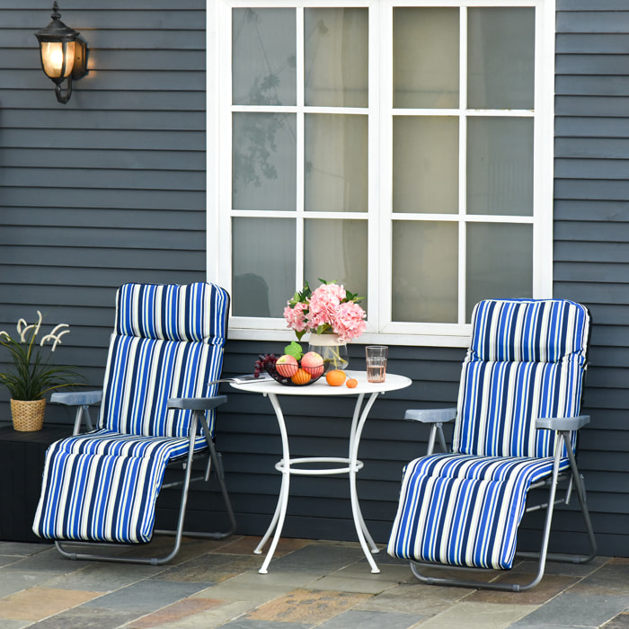 2 Tumbonas Plegables Tumbonas de Jardín de Acero con Cojín Acolchado Respaldo Ajustable en 5 Posiciones y Reposapiés 60x75x65-102 cm Rayas Azul