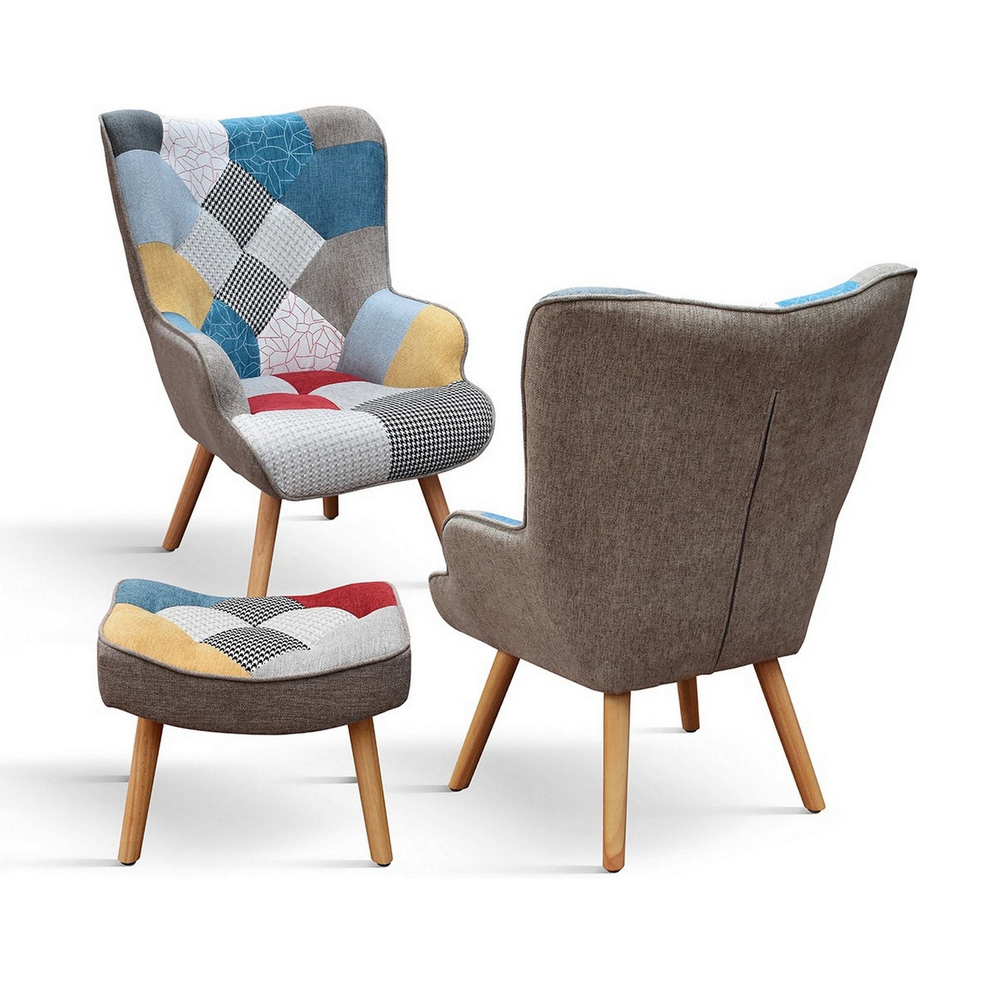 Poltrona HAVANA in tessuto multicolore patchwork e gambe in legno, con poggiapiedi