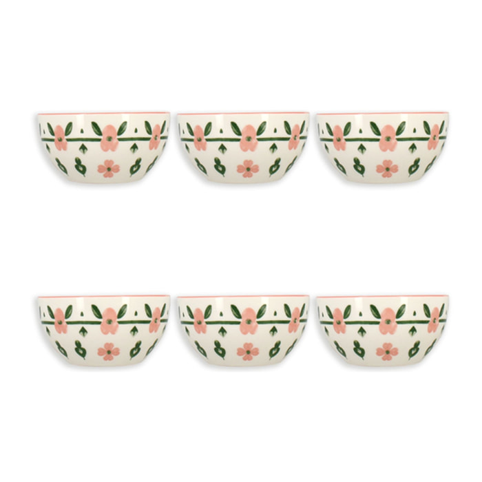 Lot de 6 bols 60cl en porcelaine blanc et rose floral PRIMAVERA